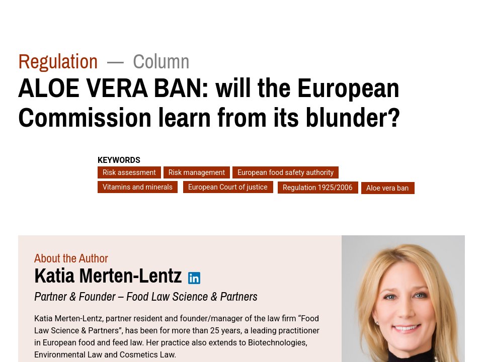Column - REGULATION: ALOE VERA BAN: will the European Commission learn from  its blunder? - AgroFOOD Industry Hi Tech 36 (1) 2025